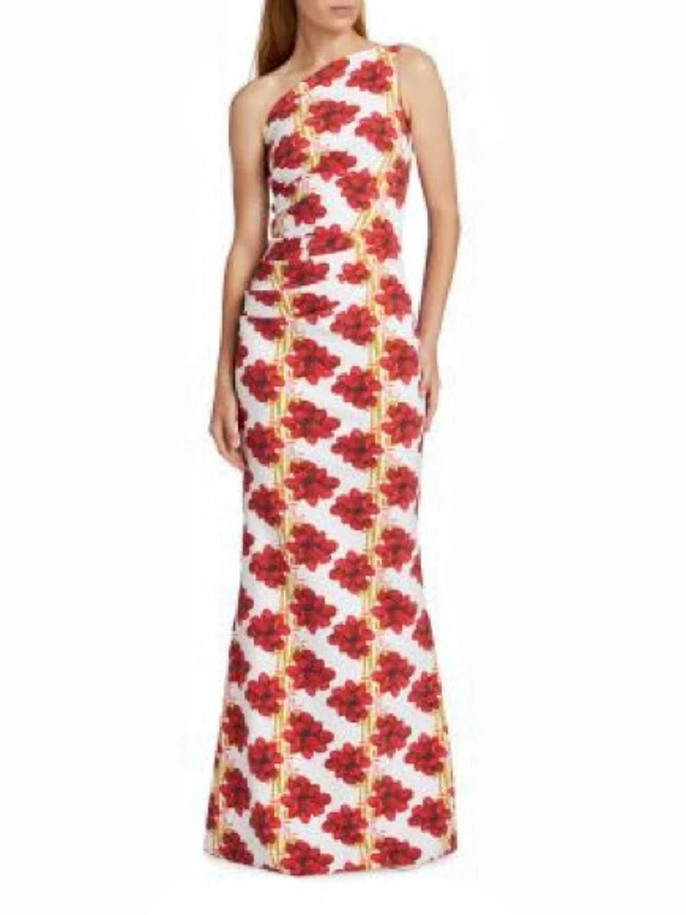 Floral One-Shoulder Maxi Dress in White & Red Like New